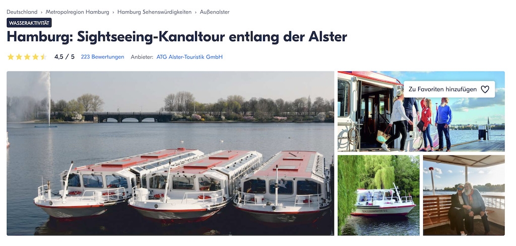 Sightseeing-Kanaltour entlang der Alster (Dauer 2 Stunden)